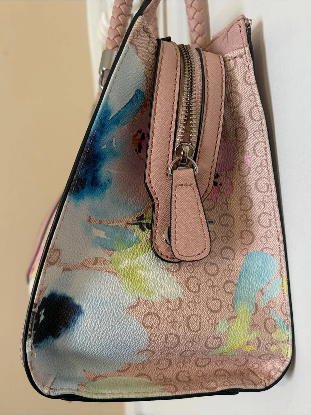 GUESS Pink Floral Logo Tote with Braided Handles